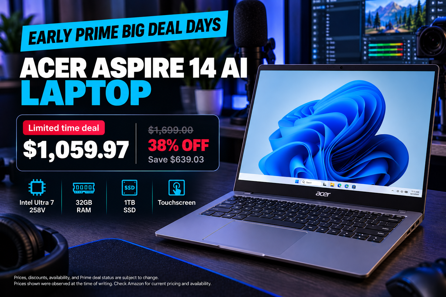 Acer Aspire laptop on a creative desk setup ahead of Prime Big Deal Days