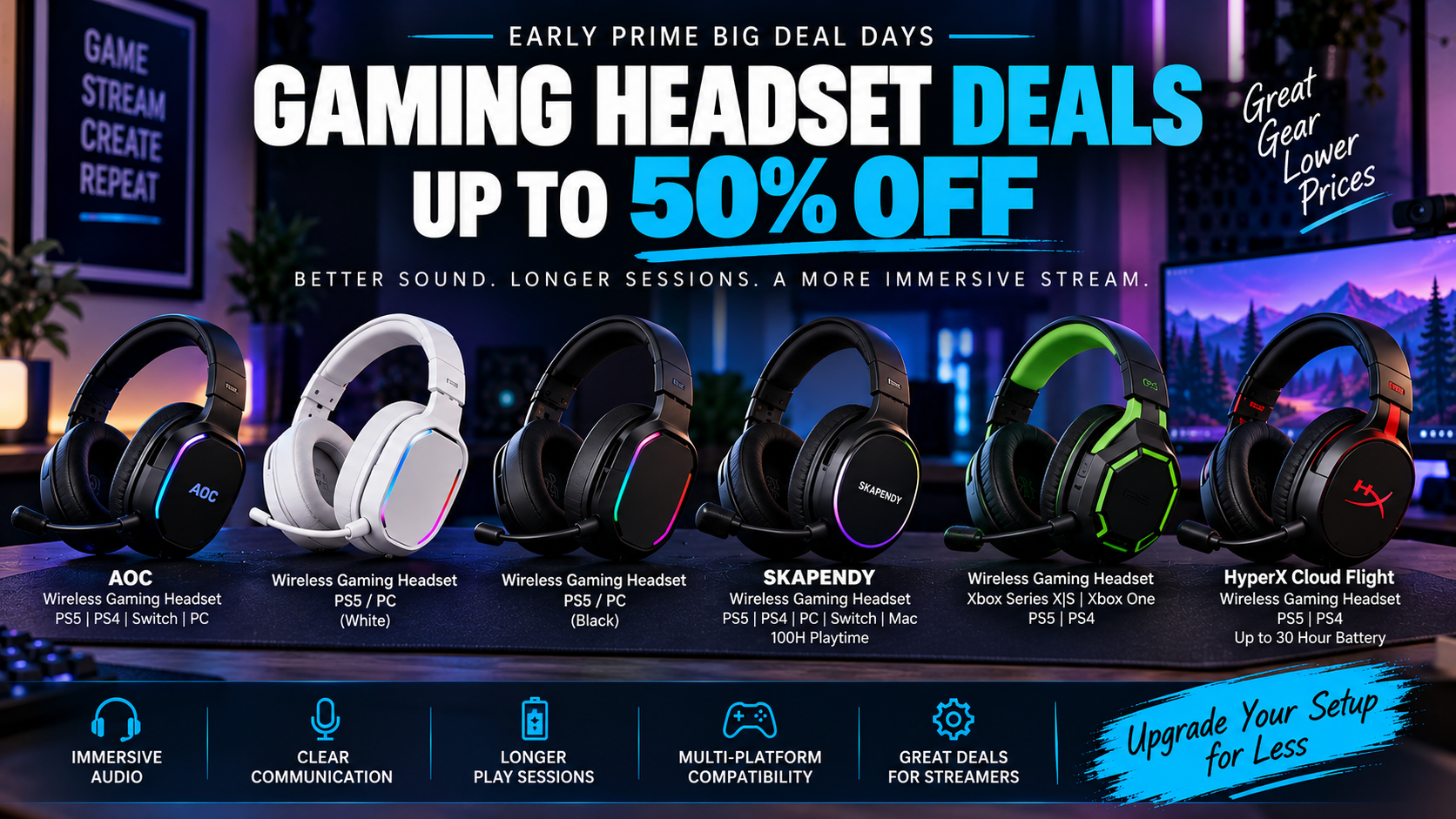 Modern wireless gaming headset resting on a desk setup with soft lighting for live streaming.