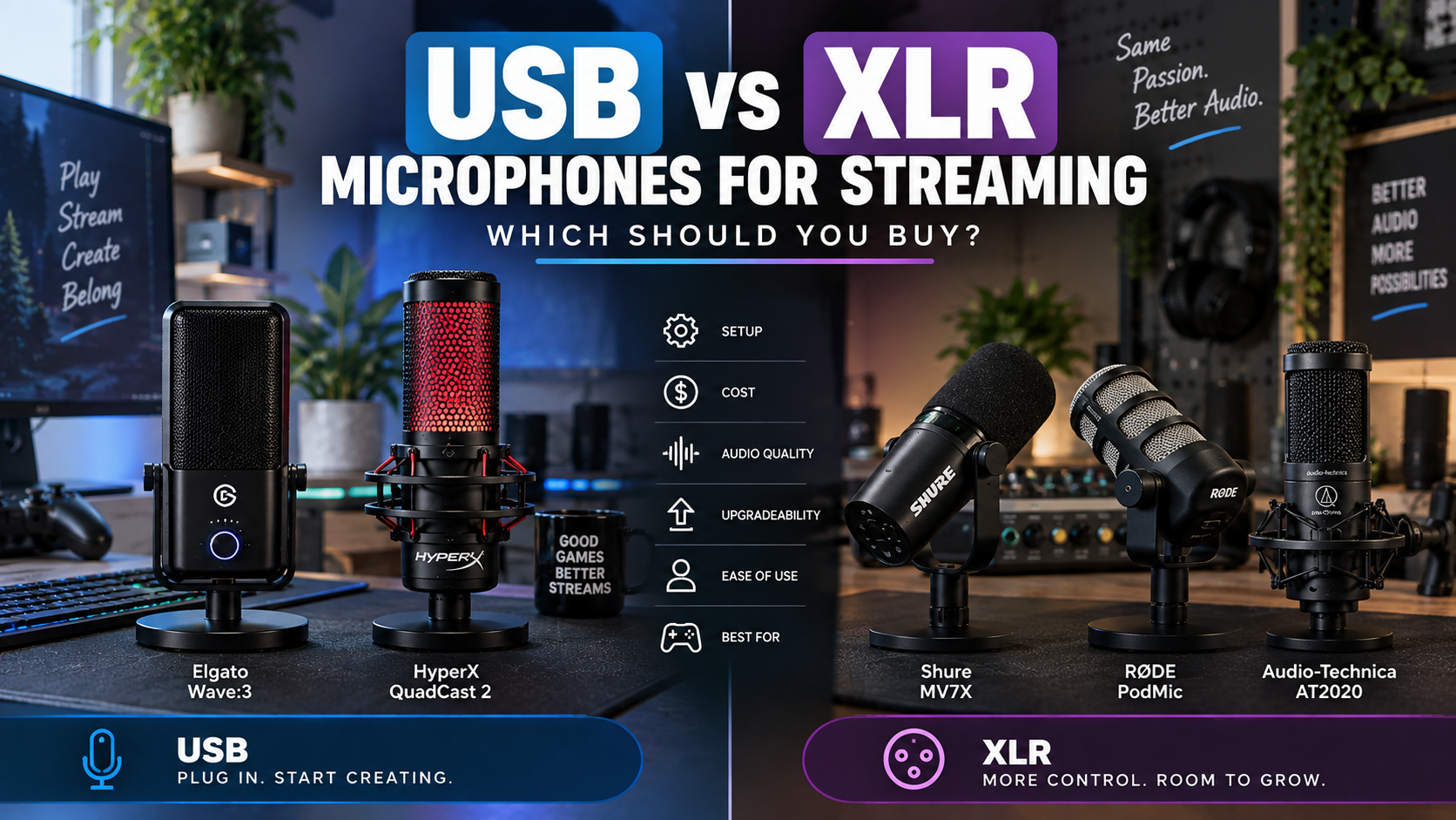 Desk setup comparing USB and XLR microphones for live streaming equipment.