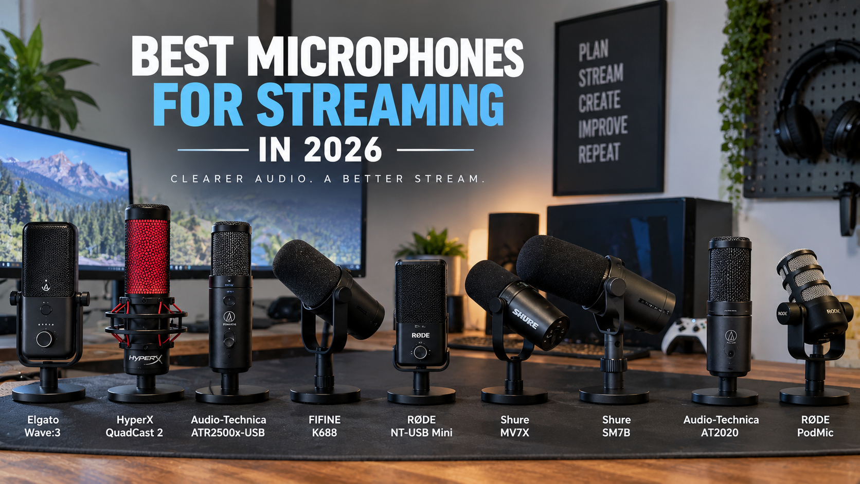 A professional streaming microphone setup on a modern desk with soft ambient lighting.