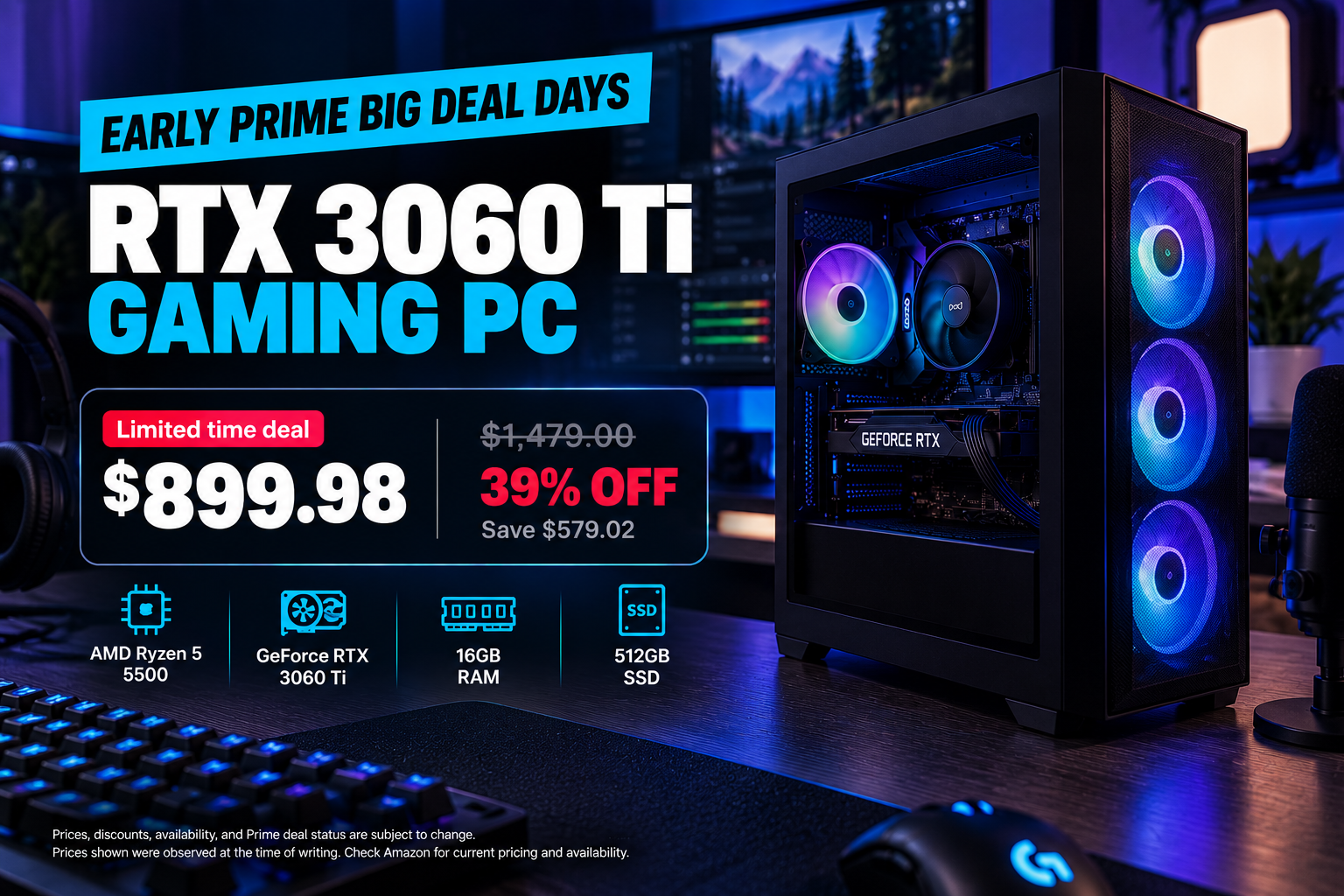 Prebuilt RTX 3060 Ti gaming PC displayed on a streamer desk setup with dual monitors.