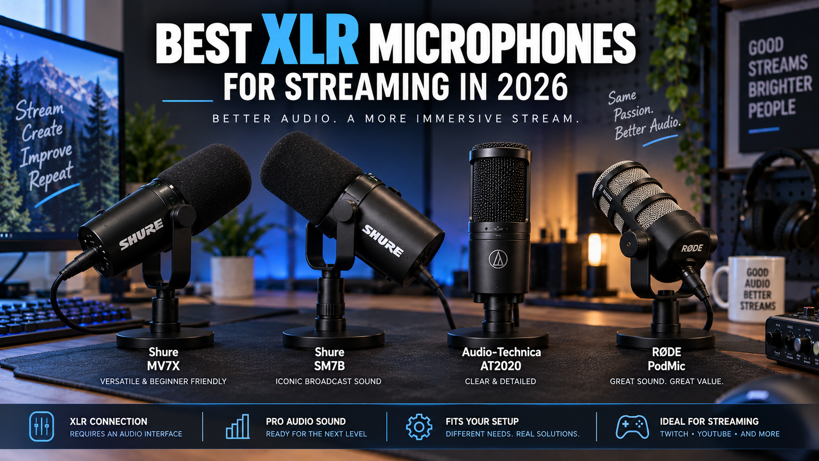 Best XLR microphones for streaming arranged on a professional creator desk setup