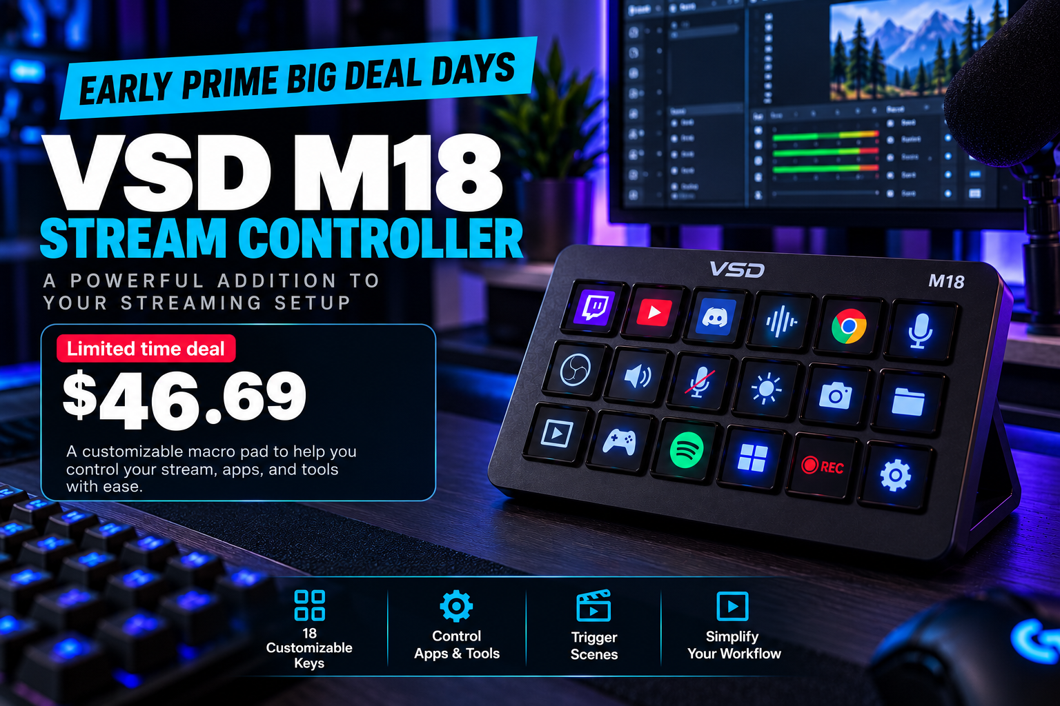 VSD M18 macro pad stream controller on a streaming desk setup