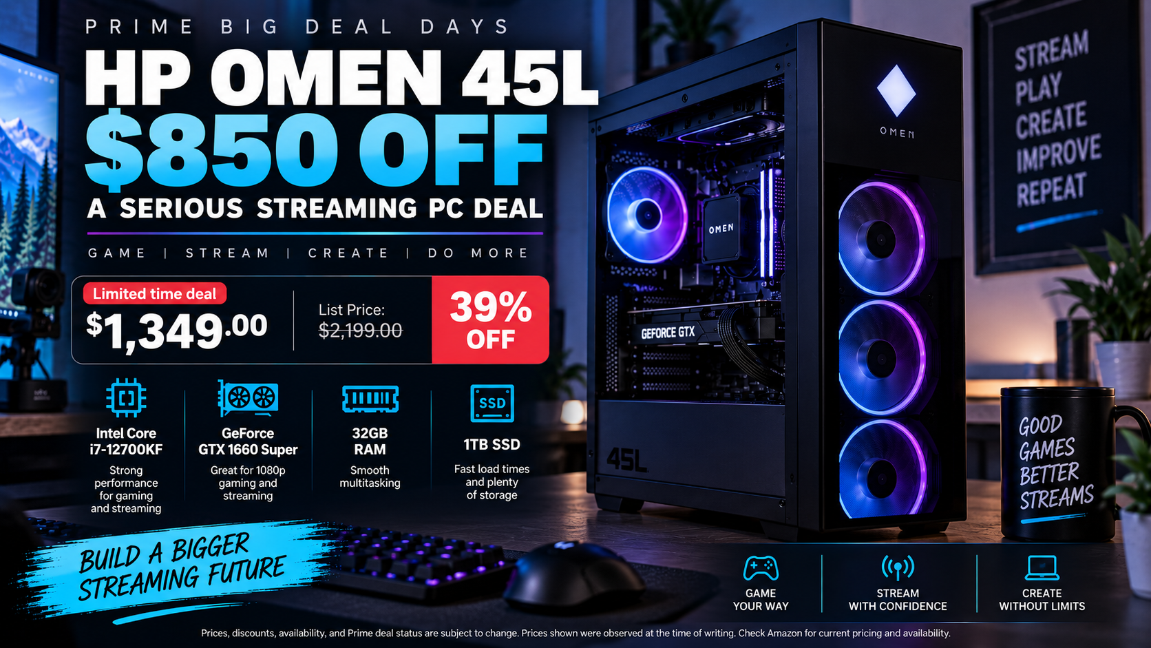 HP OMEN 45L gaming desktop set up on a creator desk with streaming software displayed on dual monitors.